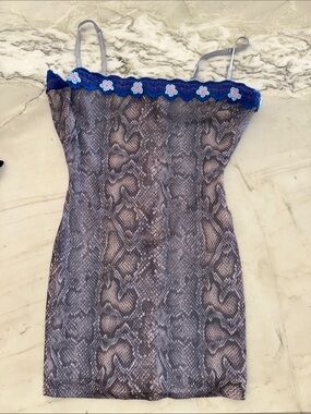 Snake Print Slip Dress with Blue Crochet Trim